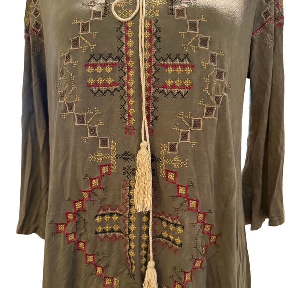 POL Embroidered Boho Tunic Top, Olive Green Peasant Tassel Tie Festival, Small - Picture 2 of 8